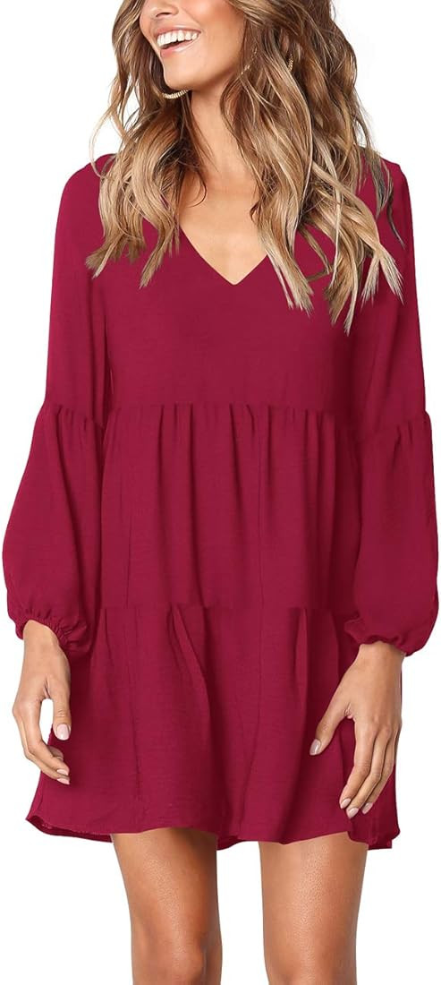 FOWSMON Women's Tunic Dress Cute Printed V Neck Long Sleeve Casual Swing Ruffle Dress | Amazon (US)