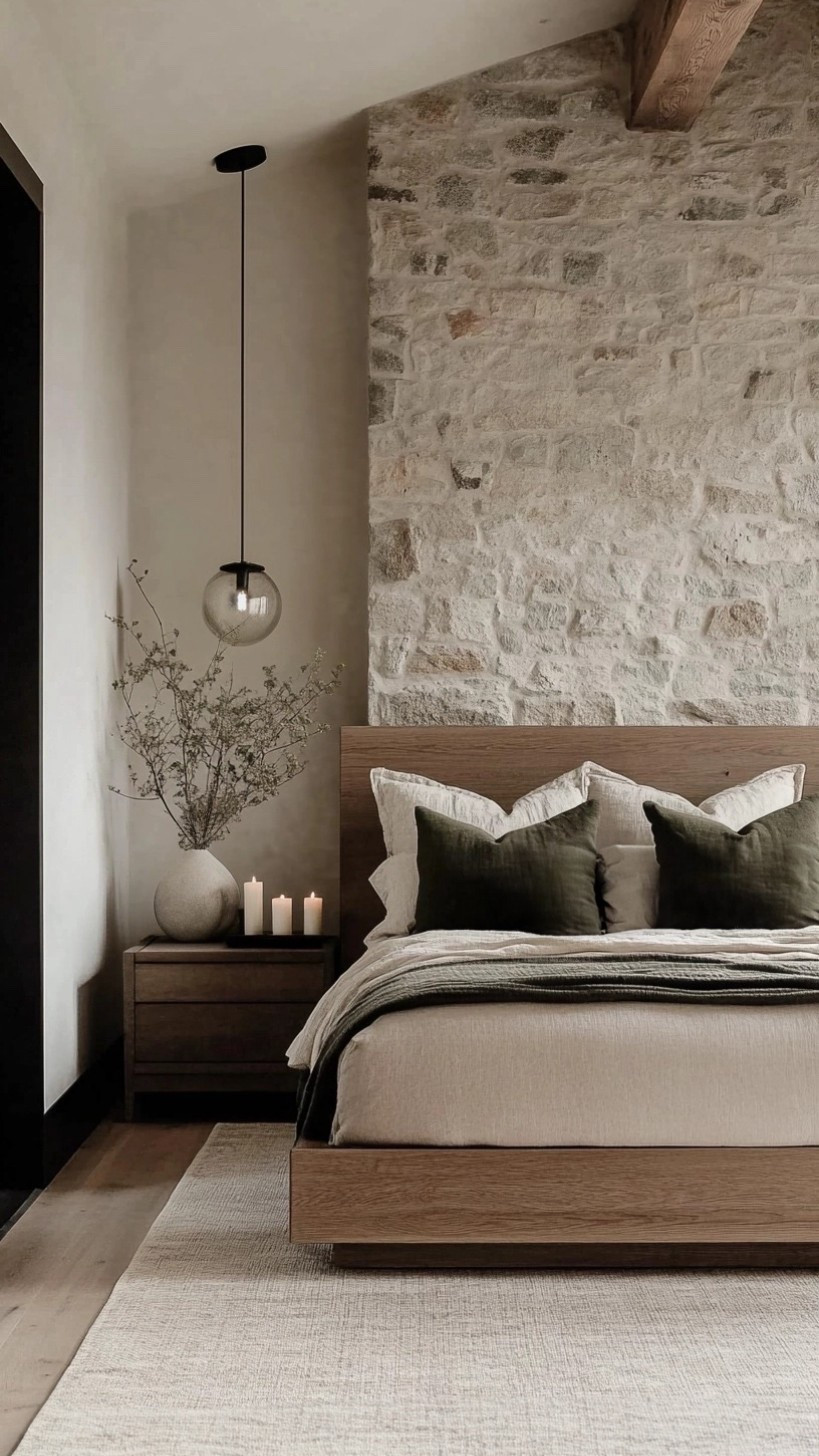 The stone wall creates a beautiful moment in this primary suite 🤎 touches of olive green pop against the rich wood tones. 

#LTKHome #LTKSaleAlert