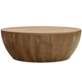 Elmbrook Solid Mango Wood 34 in. Wide Round Modern Industrial Drum Coffee Table in Natural, Fully Assembled | The Home Depot