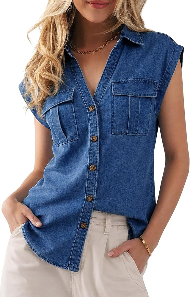 Women's Sleeveless Denim Shirts, Button Down V Neck Jean Cap Blouse Top Trendy Casual | Amazon (US)