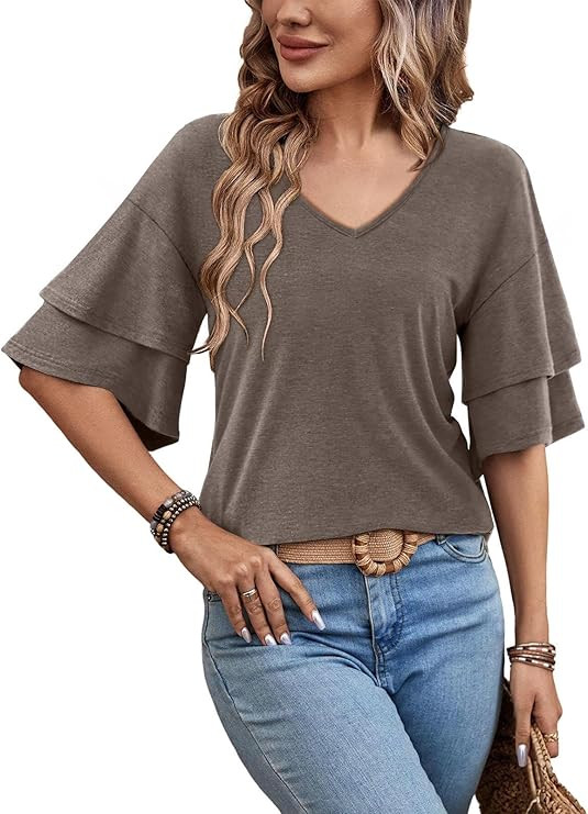 MixShe Womens V Neck Tops Short Sleeve Ruffle Sleeve Casual Summer Lightweight Blouses | Amazon (US)