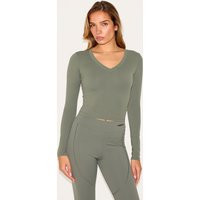 Olive Sculpt V Neck Long Sleeve Top | PrettyLittleThing UK