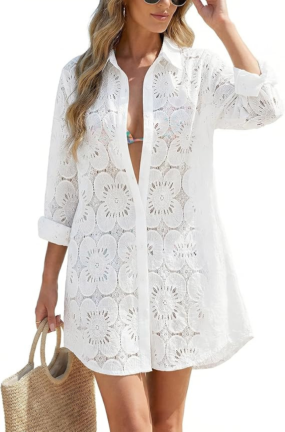 CiCiBird Women Swimsuit Coverup Blouse Eyelet Bathing Suit Cover Up Button Down Shirtdress Long S... | Amazon (US)