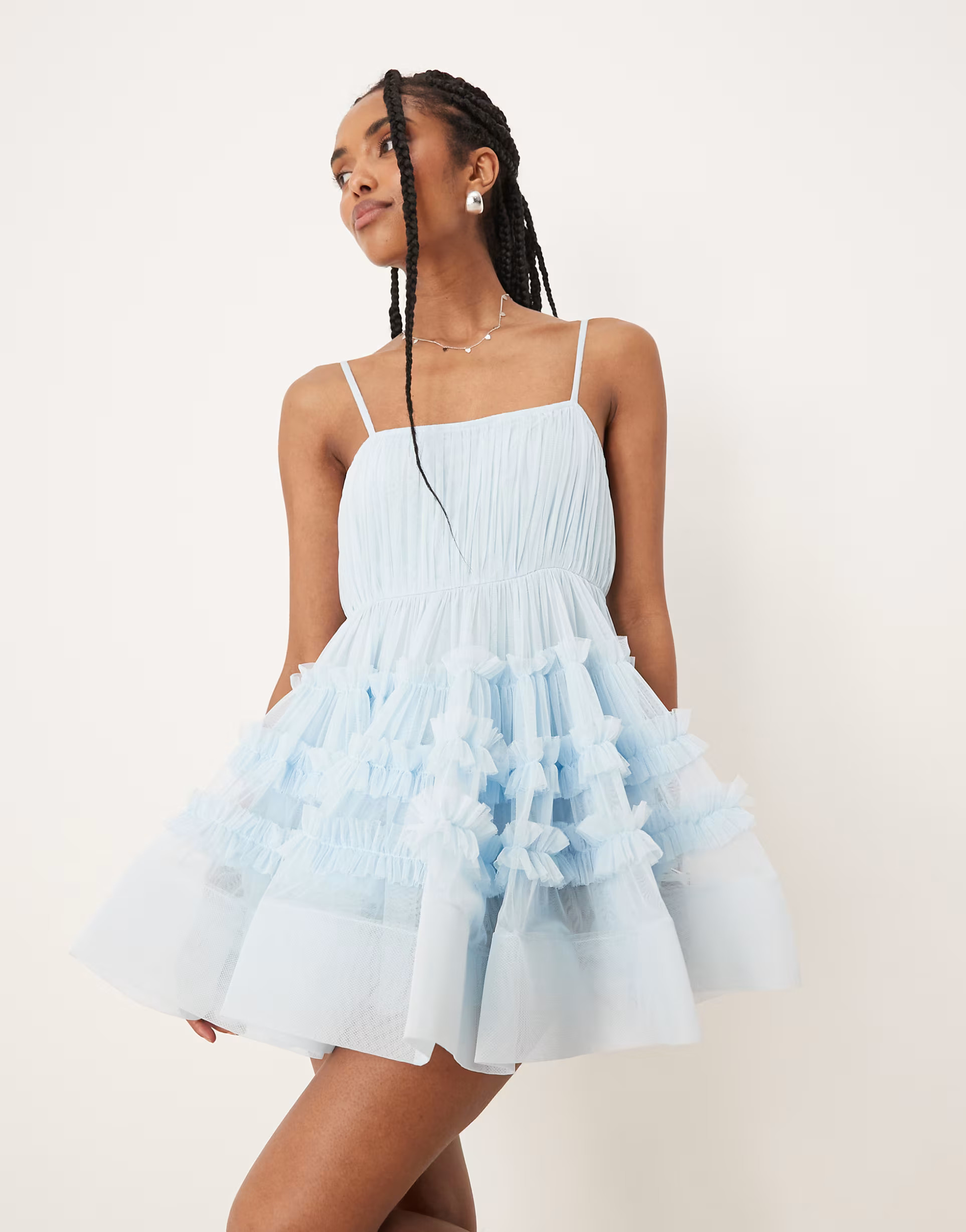 Lace & Beads tulle ruffle babydoll bodysuit mini dress in baby blue | ASOS (Global)