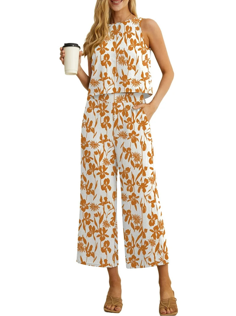 Cueply 2 Piece Sets for Women Summer Outfits Lounge Sets Sleeveless Crop Top Wide Leg Cropped Pan... | Walmart (US)