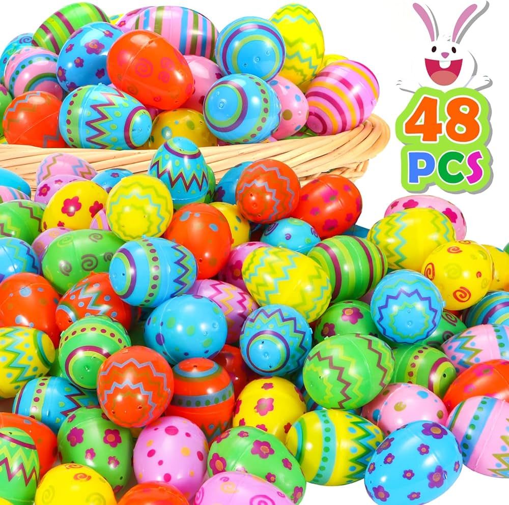 NEWBEA 48 Pcs Plastic Easter Eggs Assorted Prints and Colors 2.4" Tall for Easter Hunt,Basket Stu... | Amazon (US)