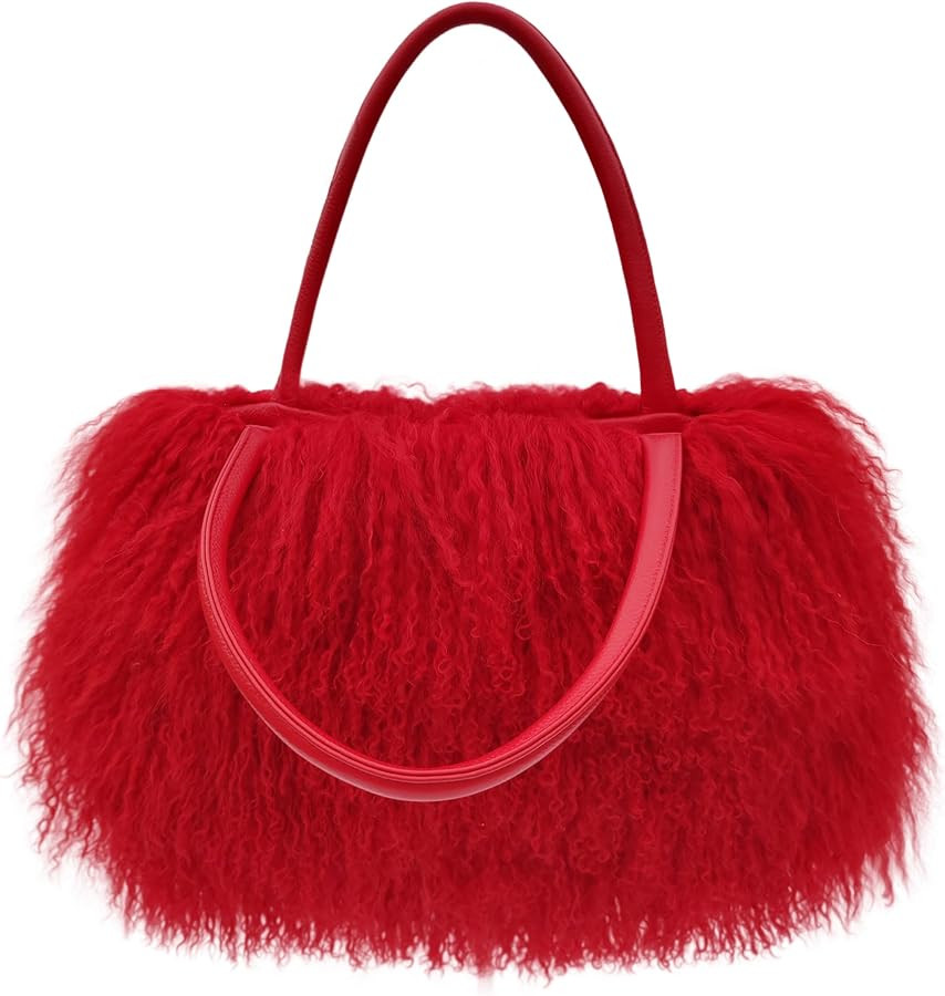 FINILUO Women Luxury Real Lamb Mongolian Flush Wool Fur With Genuine Leather Handles Handbag | Amazon (CA)