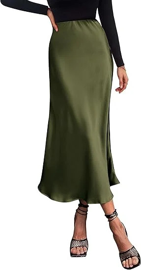 PRETTYGARDEN Women's Summer Midi Satin Skirt Dressy Casual High Waisted A Line Flowy Ruffle Elega... | Walmart (US)