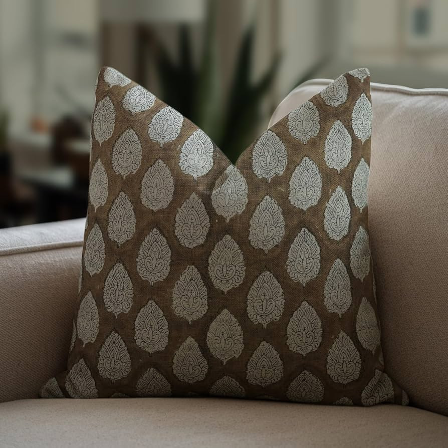 Hand Block Print Thick Linen Throw Vintage Pillowcase Cushion Cover 14"X14" Spring Fall Decoratio... | Amazon (US)