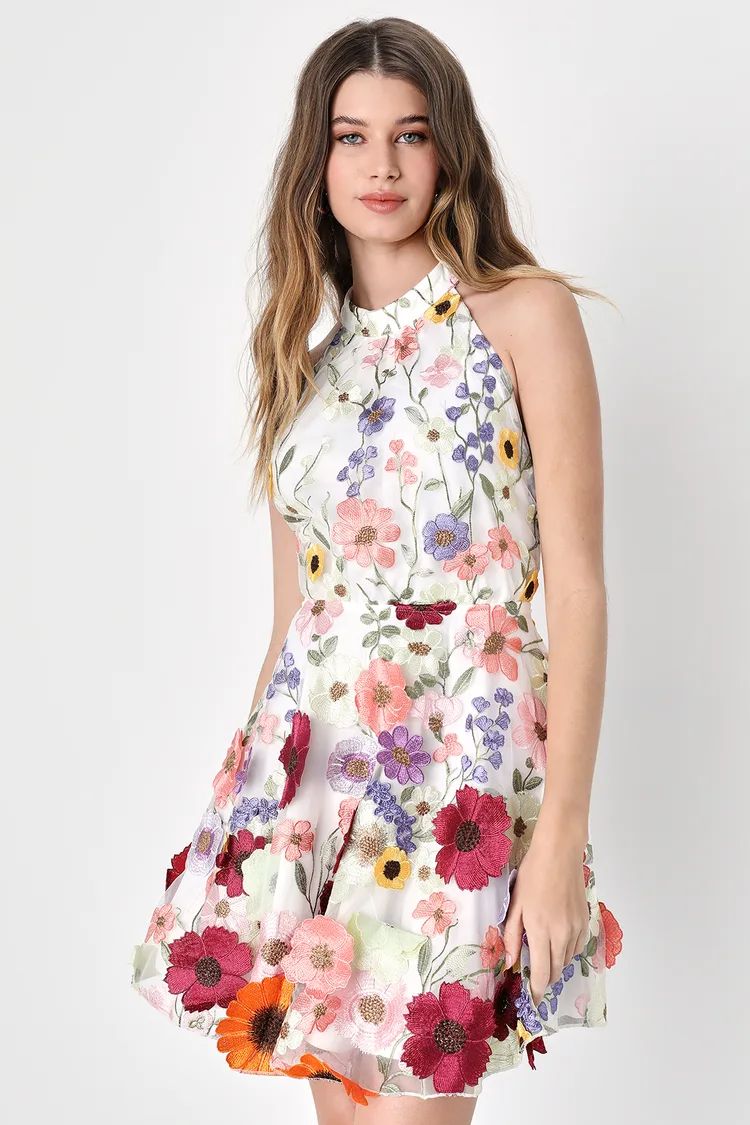 Blooming Bliss Ivory 3D Floral Embroidered Halter Mini Dress | Lulus