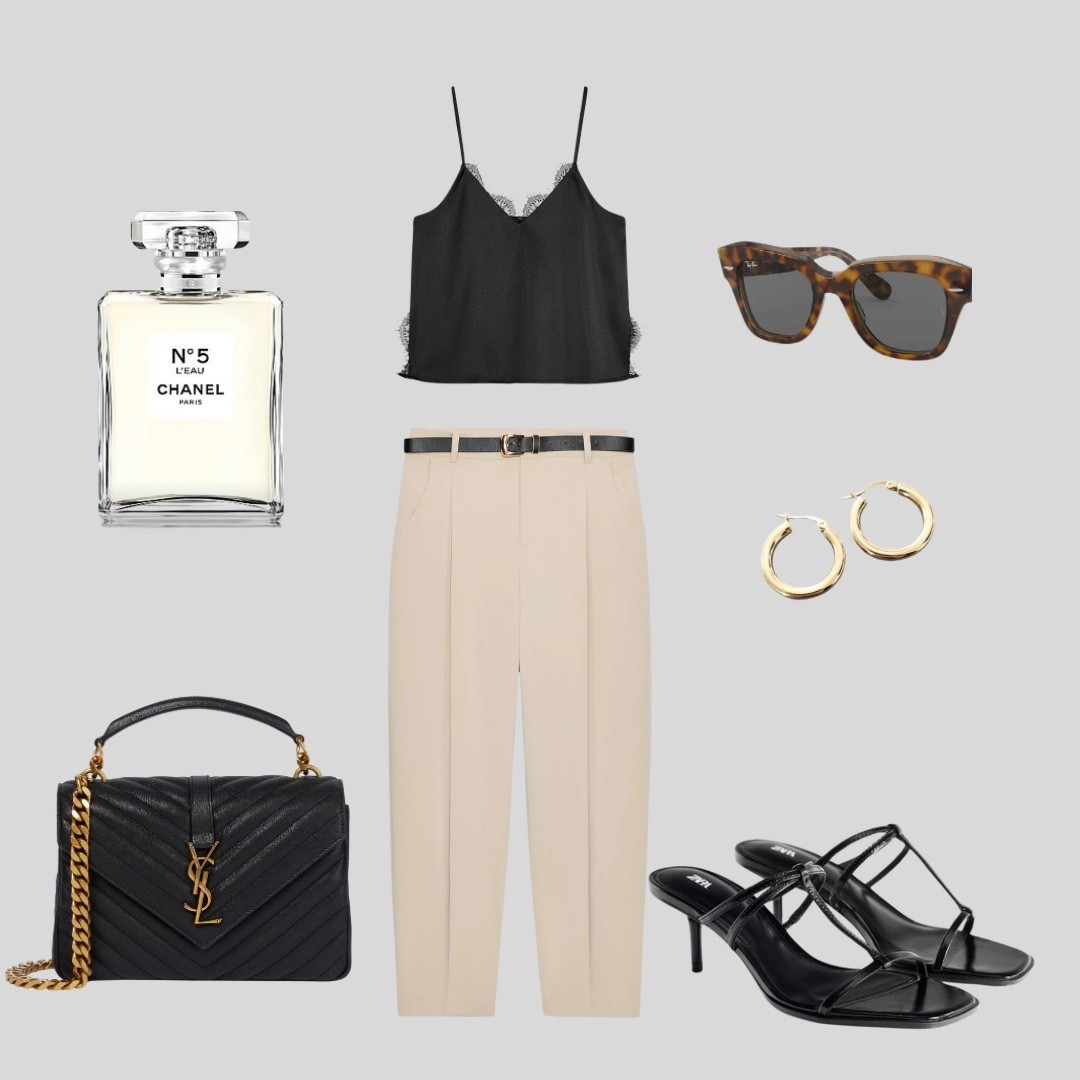 Classic meets modern with this elevated neutral outfit - perfect for brunch dates, city strolls, or a chic day at the office. A black lace-trim camisole pairs effortlessly with tailored beige trousers, cinched at the waist with a sleek belt. Black strappy heels and a quilted YSL bag add sophistication, while gold hoops and tortoiseshell sunnies keep it timeless. Finished with a spritz of Chanel N°5 L’Eau for that iconic French-girl touch.