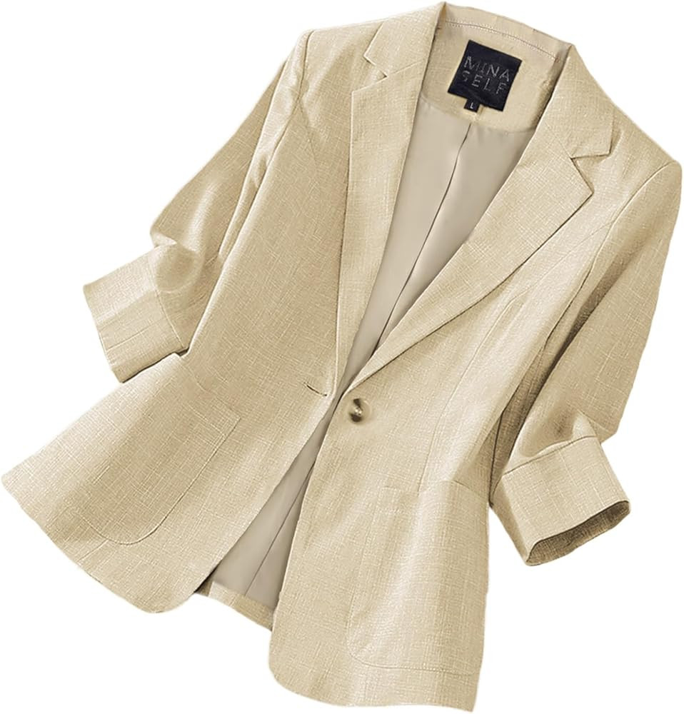 Women's 3/4 Sleeve Linen Blazer 2025 Summer Lightweight Fully-Lined Lapel Button Casual Work Jack... | Amazon (US)
