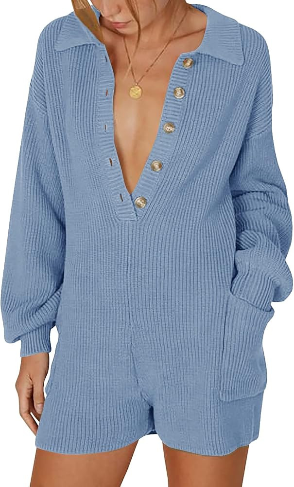 Women's Rompers V Neck Button Down Long Sleeve Knitted Sweater Jumpsuit Fall Winter One Piece Outfit | Amazon (US)
