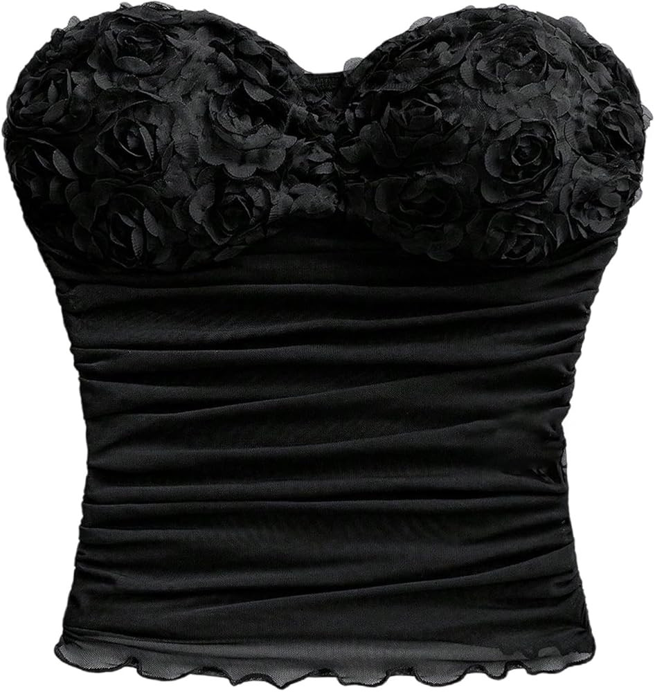 OYOANGLE Women's 3D Floral Strapless Sheer Top Lettuce Trim Party Y2k Ruched Fitted Going Out Tub... | Amazon (US)