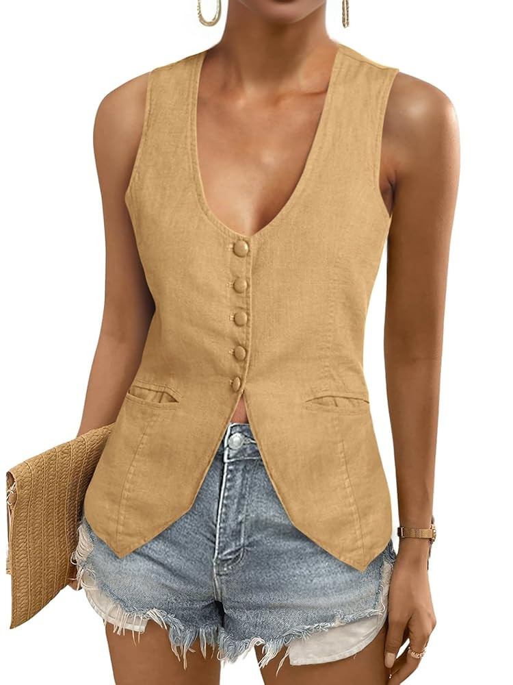 Tankaneo Womens Scoop Neck Blazer Vest Summer Linen Sleeveless Fitted Waistcoat Work Casual Cotto... | Amazon (US)