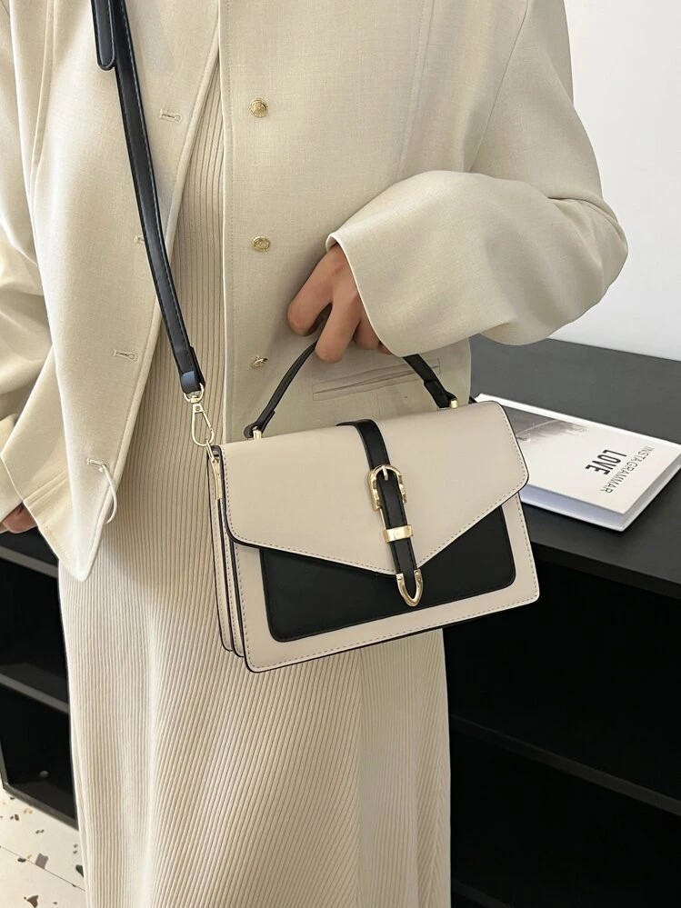 Two Tone Square Bag Buckle Decor Top Handle Flap PU Fashionable | SHEIN