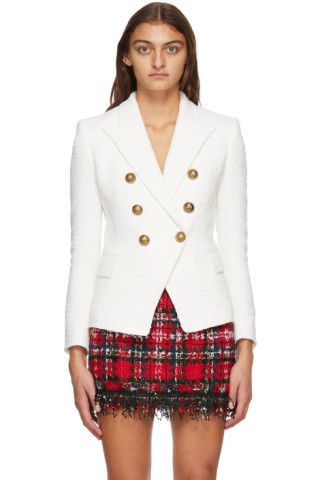 White Tweed Six Button Blazer | SSENSE
