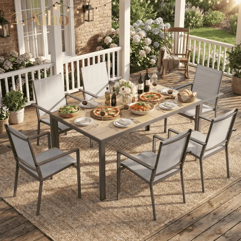 Aiho 7 Pieces Patio Table and Chairs Set, All-Weather Outdoor Dining Set with Umbrella Hole & 6 T... | Walmart (US)