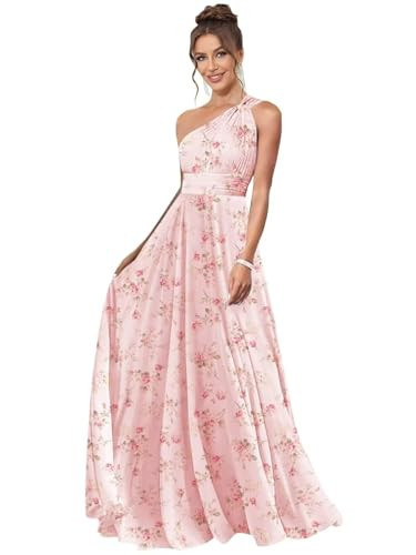 EBAKUS Chiffon Bridesmaid Dresses A Line Ball Gown with Pockets One Shoulder Floral Pink Evening Dress for Women Size 16 | Amazon (US)