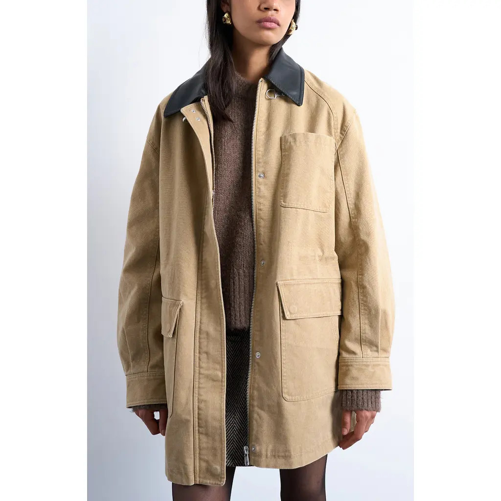 Topshop Cotton Blend Barn Jacket in Tan at Nordstrom, Size Medium | Nordstrom