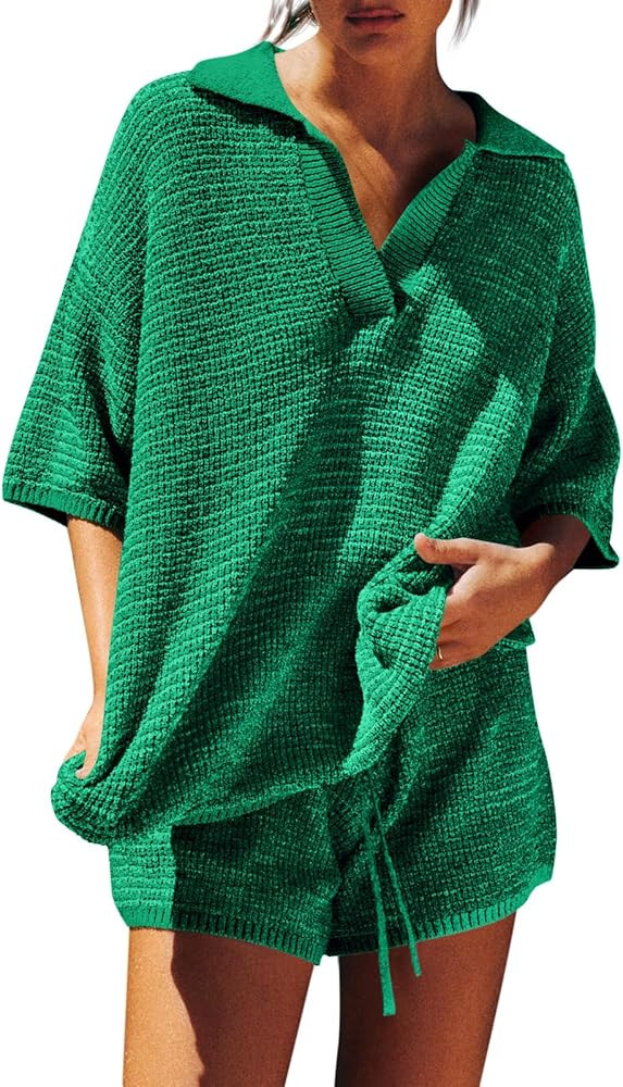 Tankaneo Womens Sweater Set 2 Piece Outfits Oversized 3/4 Sleeve V Neck Knit Tops High Waisted Sh... | Amazon (US)