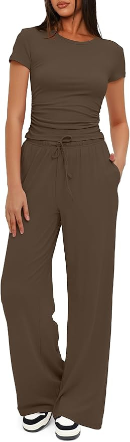 Darong Women's 2 Piece Summer Outfits Lounge Sets Side Ruched Short Sleeve Crop Top & Wide Leg Pa... | Amazon (US)