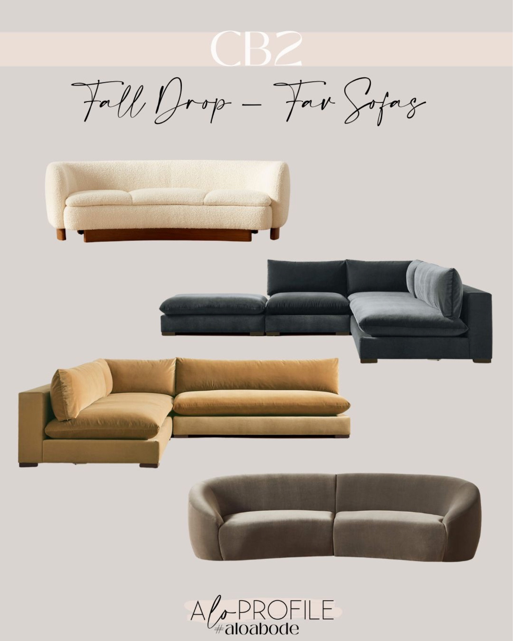 CB2 Sofas // Fall Drop, Fall furniture, CB2 Furniture, CB2 Family room, CB2 couches, CB2 Sectionals, sectional furniture, couches, comfortable furniture, curved sofa, curved modern sofa, modern couch, modern sofas, blue sofa, neutral colors, wood accent sofa, family room decor, living room decor, sitting room furniture