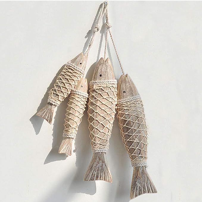 4 Pack Antique Hand Carved Wood Fish Sculpture Decor Ornament with Fishing Net, Beach Theme Wall ... | Amazon (US)