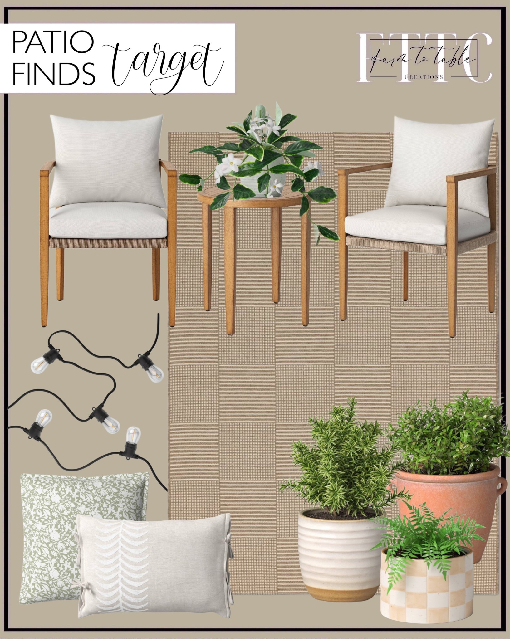 Target Patio Finds. Follow @farmtotablecreations on Instagram for more inspiration.

Patterned Grid Outdoor Rug. Pasadena Patio Chat Set. Outdoor Throw Pillow. Side Ties Palm Print Outdoor Lumbar. Cafe String Lights. Jasmine Artificial Plant.. Checkered Indoor Outdoor Pot. Split Glaze Ceramic Pot. Terracotta Pot. 

Outdoor Furniture | Spring Decor | Entryway Decor | Bedroom Furniture | nightstands | Home Decor| Fireplace Decor | Spring Refresh |  Bedroom Finds | Neutral Stems | Spring Stems | Bookshelf Decor | Bedroom Space | Cozy Corner | Bathroom | Curated Entryway | Spring  Decor | End of Year Clearance | Trending Decor | Viral Decor  | Coffee Table Decor | Neutral Decor | Stem Sale | Target Finds | Skinny Bench | Bedroom | Living Room | Breakfast Nook | Amazon Home | Target Sale | Loloi Rugs | Magnolia Home | console table | console table styling | faux stems | entryway space | front porch decor | neutral decor | entryway decor | cozy home | affordable decor |  home decor | home inspiration | console styling | entryway rug | cozy moody home | moody home decor | neutral home | bathroom decor | living room | spring decor | Hearth & Hand | Studio McGee | 2025 Home Trends | trending home | Crate&Barrel 



#LTKSeasonal #LTKFindsUnder50 #LTKHome
