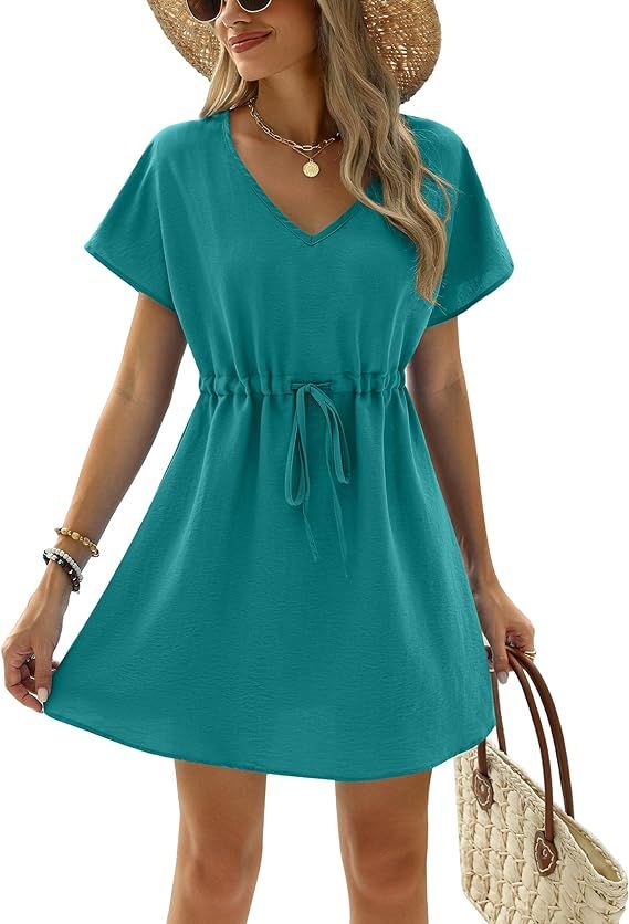 Ekouaer Womens Swimsuit Coverup Short Sleeve Beach Cover Up Dress V Neck Bikini Beachwear | Amazon (US)