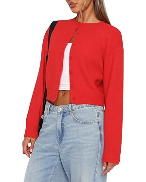 MISSACTIVER Women's Button Down Cropped Cardigan Sweater Solid Open Front Long Sleeve Crewneck Kn... | Amazon (US)