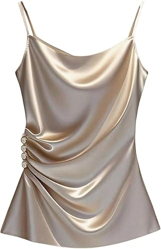 SOLY HUX Women's Satin Camisole Spaghetti Strap Button Side Ruched Going Out Tops | Amazon (US)