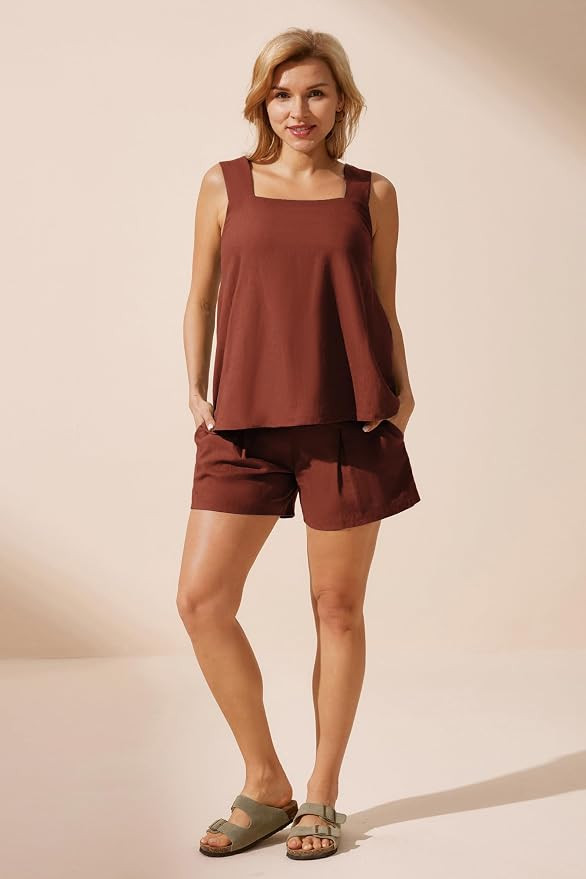 Maternity 2 Pieces Outfits Summer Linen Shorts Sets Tank Tops Wide Legs Shorts with Pockets | Amazon (US)