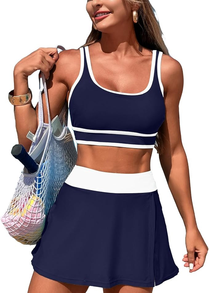 Fanuerg Women's High Waisted Bikini Sets Sporty Color Block Tummy Control Swimsuit Swim Skirt Two... | Amazon (US)