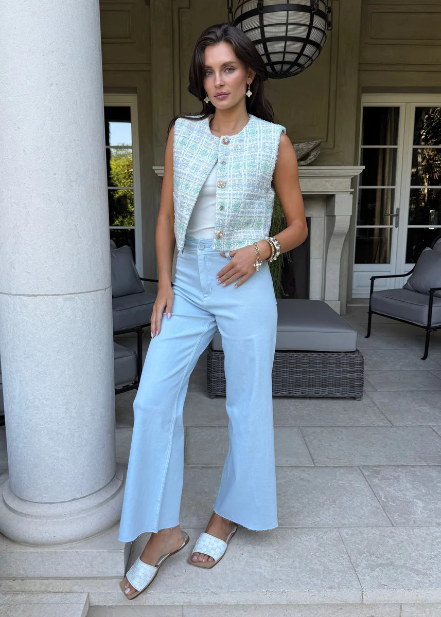 Cynthia Tweed Vest Top with Pearl and Rhinestone Buttons - Seafoam Gre | Benaar La