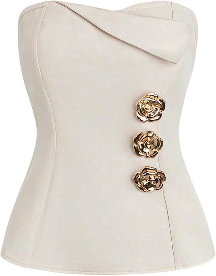 MakeMeChic Women's Metallic 3D Flower Strapless Tube Top Sleeveless Split Bandeau Tops | Amazon (US)