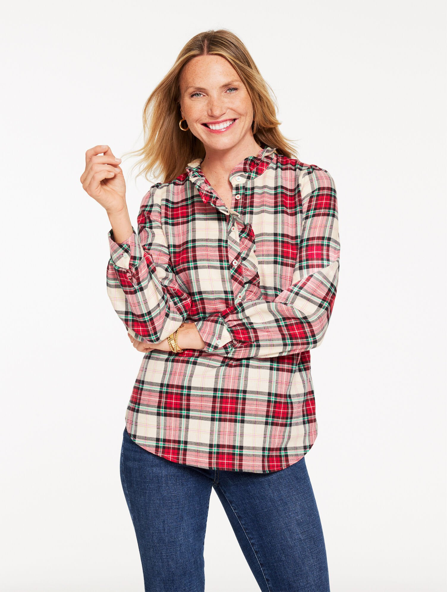 Metallic Ruffle Popover - Heartwarming Plaid | Talbots