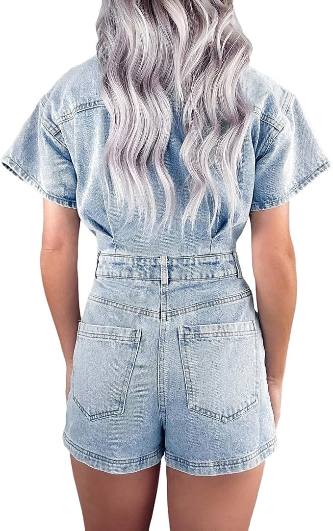 cffvdiz Women's Distressed Button Front Denim Rompers Short Sleeve Flap Pocket Vintage Slim Fit B... | Amazon (US)