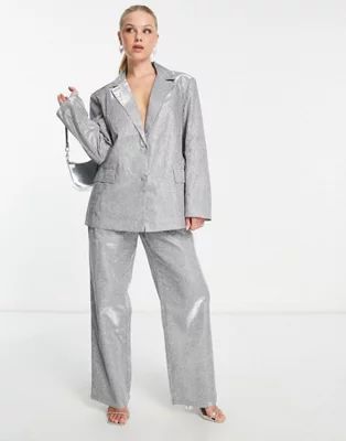 Pieces Premium oversized glitter blazer & wide leg pants set in silver | ASOS (Global)