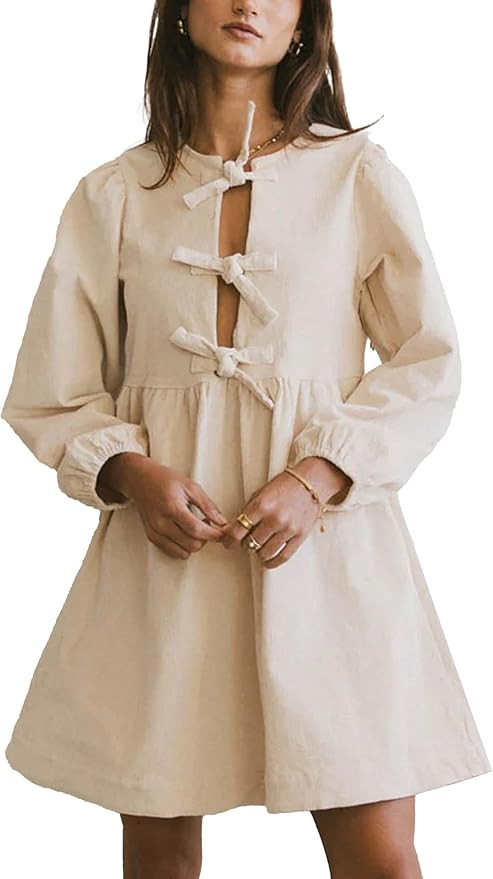 Womens Casual A-Line Mini Dress Corduroy Oversized Crewneck Long Puff Sleeve Bow Tie Front Babydo... | Amazon (US)