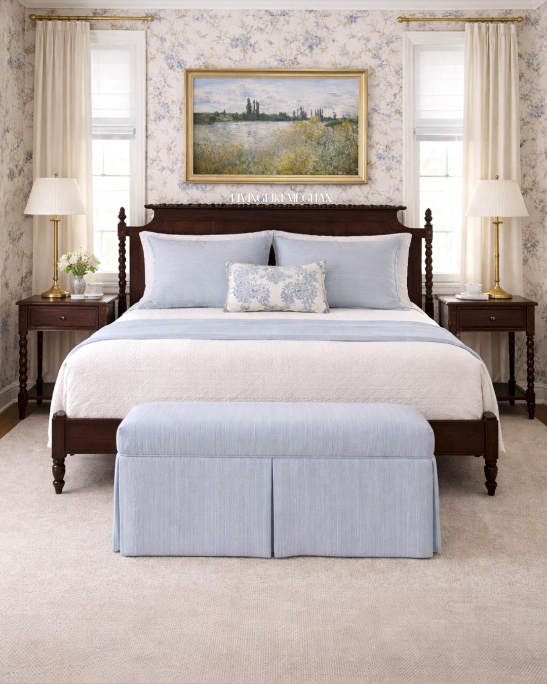 Bring classic European charm into your primary or guest bedroom. The soft blue floral wallpaper and landscape artwork pair beautifully with rich wood tones, crisp white bedding, and tailored sky-blue accents. That pleated end-of-bed bench and subtle brass accents tie the whole look together for a serene, hotel-worthy finish!

Tap to shop all bedroom furniture, bedding, brass lighting, and decor details directly! 🛍️✨

blue and white bedroom, traditional bedroom ideas, mahogany bed frame, grandmillennial bedroom, landscape art print, bedroom bench, floral wallpaper, classic home decor

#LTKHome #LTKSaleAlert #LTKmorningroutine