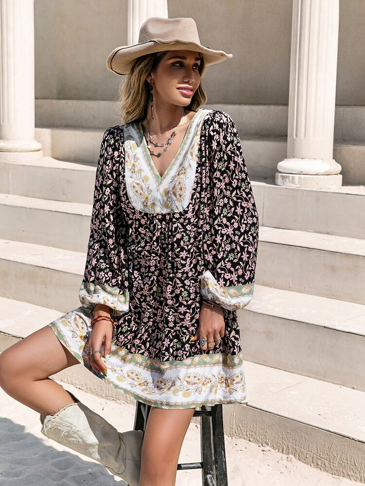 Rusttydustty Floral Print Lantern Sleeve Dress | SHEIN