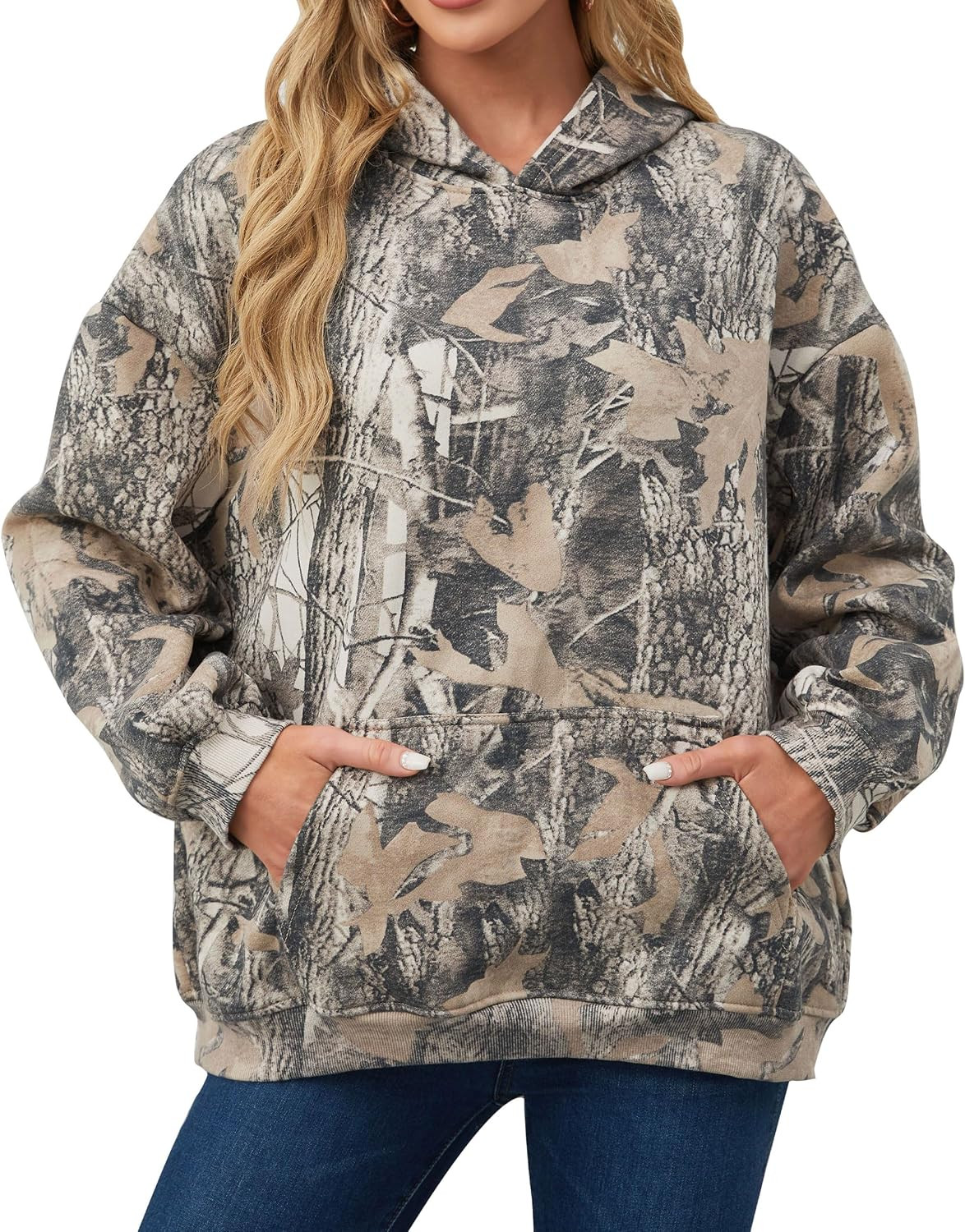 Eutten Womens Camo Hoodies Maple Leaf Print Oversized Sweatshirt Pullover Sweatshirts Long Sleeve with Pocket Fall Outfits | Amazon (US)
