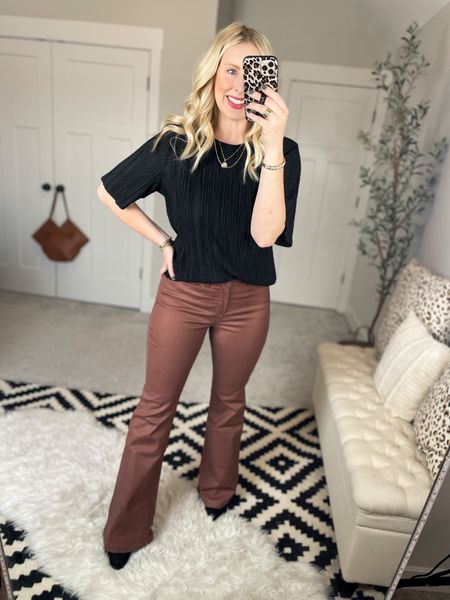 Weekend Walmart wins try on 
Pleated top- medium 
Coated flare jeans- 6

#LTKstyletip #LTKunder50 #LTKSeasonal