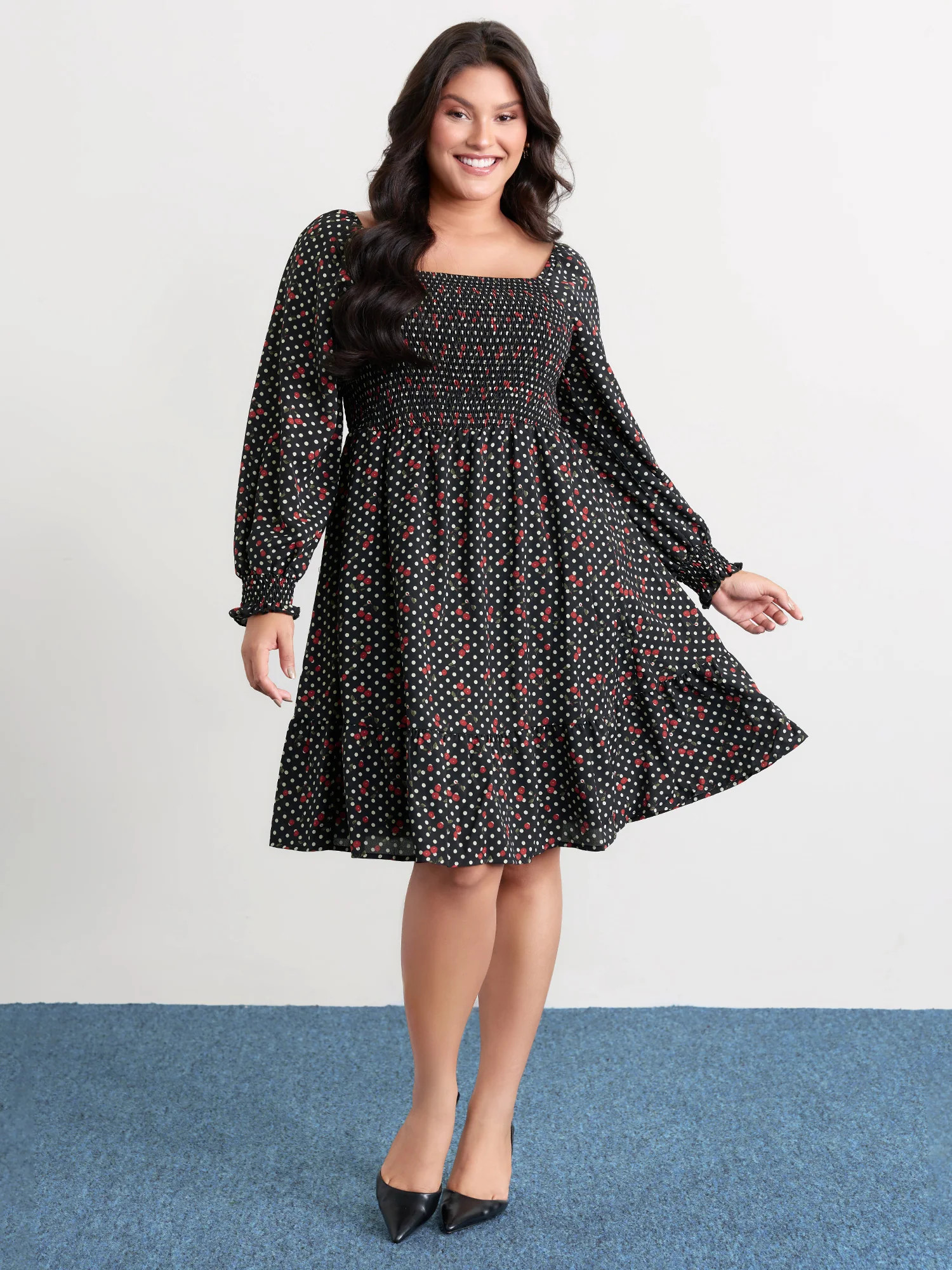 Polka Dots Cherry Shirred Bodice Knee Dress | Bloomchic