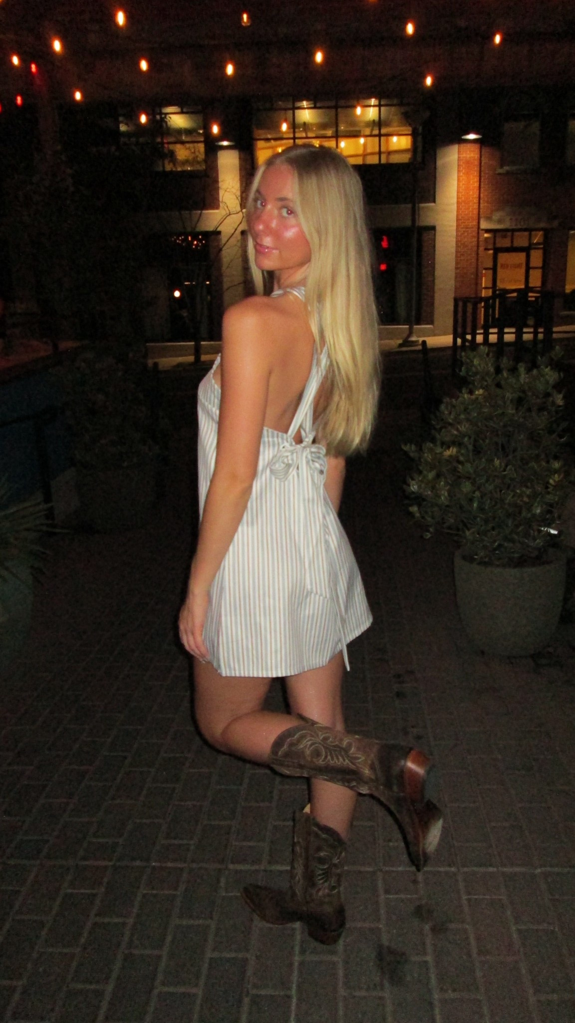 halter neck light brown & blue dress | amazon dress | open back with bow 