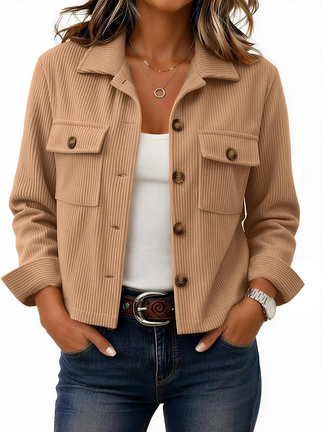 Zeagoo Womens Fashion Cropped Jacket Corduroy Button Down Long Sleeve Coats | Lightweight crop sh... | Amazon (US)