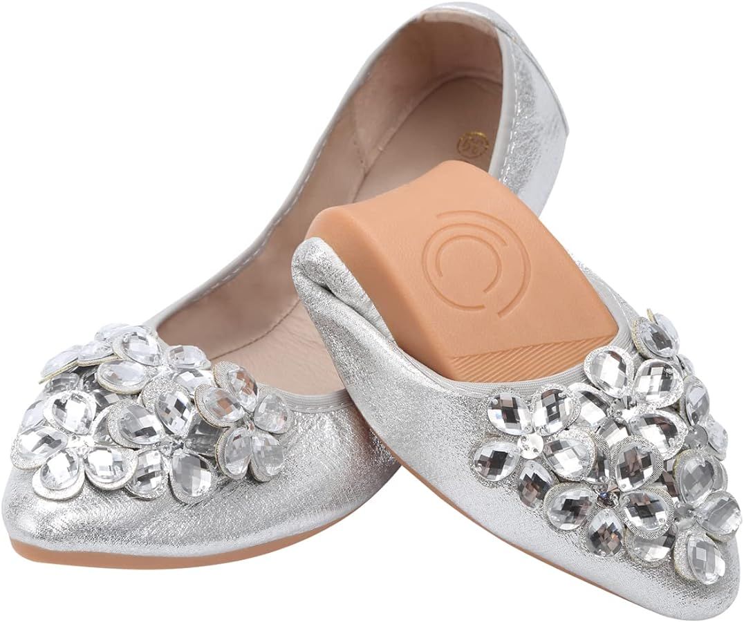 KUNWFNIX Women Ballet Flats Rhinestone Wedding Ballerina Shoes Foldable Sparkly Comfort Slip on F... | Amazon (US)