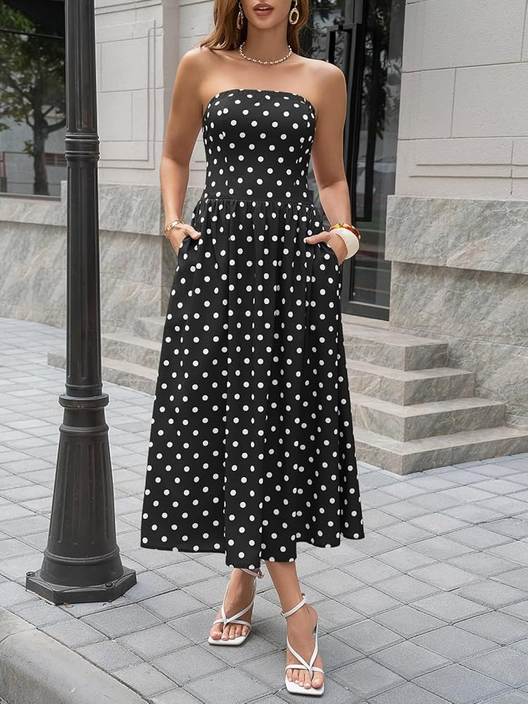 Wenrine Womens Polka Dot Strapless Dress Summer Smocked Tube Top Casual Sleeveless Long Flowy Max... | Amazon (US)