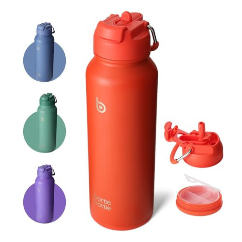 BOTTLE BOTTLE 40 oz sports water bottle stainless steel insulated water bottle with straw and pills holder (orangered) | Amazon (US)